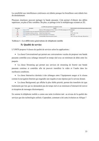 La sensibilité aux interférences extérieures est réduite puisque les brouilleurs sont réduits lors 
du desétalement. 
Plusieurs émetteurs peuvent partager la bande passante. Cela permet d’obtenir des débits 
supérieurs, en plus d’être variables. De plus, ce partage évite le multiplexage existant en 2G. 
33 
Tableau 1 : Les différentes générations de téléphonie mobile 
5) Qualité de service 
L’UMTS propose 4 classes de qualité de services selon les applications : 
 La classe Conversational qui permet aux conversations vocales de proposer une bande 
passante contrôlée avec échange interactif en temps réel avec un minimum de délai entre les 
paquets. 
 La classe Streaming qui permet aux services de streaming de fournir une bande 
passante continue et contrôlée afin de pouvoir transférer la vidéo et l’audio dans les 
meilleures conditions. 
 La classe Interactive destinée à des échanges entre l’équipement usager et le réseau 
comme la navigation Internet qui engendre une requête et une réponse par le serveur distant. 
 La classe Background, qui affiche la plus faible priorité, permet des transferts de type 
traitements par lots qui ne demandent pas de temps réel et un minimum d’interactivité (envoi 
et réception de messages électroniques). 
En somme la téléphonie mobile a connu une nette évolution tant au niveau de la qualité des 
services que des technologies utilisés. Cependant, comment a été cette évolution en Afrique ? 
 