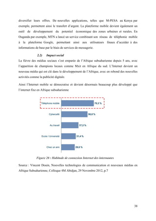 diversifier leurs offres. De nouvelles applications, telles que M-PESA au Kenya par 
exemple, permettent ainsi le transfert d’argent. La plateforme mobile devient également un 
outil de développement du potentiel économique des zones urbaines et rurales. En 
Ouganda par exemple, MTN a lancé un service combinant son réseau de téléphonie mobile 
à la plateforme Google, permettant ainsi aux utilisateurs finaux d’accéder à des 
informations de base par le biais de services de messagerie. 
38 
2.2) Impact social 
La fièvre des médias sociaux s’est emparée de l’Afrique subsaharienne depuis 5 ans, avec 
l’apparition de champions locaux comme Mxit en Afrique du sud. L’Internet devient un 
nouveau média qui est clé dans le développement de l’Afrique, avec en rebond des nouvelles 
activités comme la publicité digitale. 
Ainsi l’Internet mobile se démocratise et devient désormais beaucoup plus développé que 
l’internet fixe en Afrique subsaharienne 
Figure 20 : Habitude de connexion Internet des internautes 
Source : Vincent Douin, Nouvelles technologies de communication et nouveaux médias en 
Afrique Subsaharienne, Colloque 4M Abidjan, 29 Novembre 2012, p.7 
 