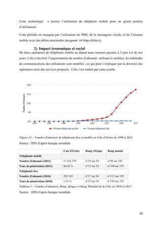 Cette technologie a permis l’utilisation du téléphone mobile pour un grand nombre 
d’utilisateurs. 
Cette période est marquée par l’utilisation du SMS, de la messagerie vocale, et de l’internet 
mobile avec des débits maximales atteignant 64 kbps (kbits/s). 
40 
2) Impact économique et social 
De deux opérateurs de téléphonie mobile au départ nous sommes passées à 3 puis à 6 de nos 
jours. Cela a favorisé l’augmentation du nombre d’abonnés utilisant le mobiles, les habitudes 
de communications des utilisateurs sont modifiés ; ce qui peut s’expliquer par la diversité des 
opérateurs ainsi des services proposés. Cela s’est traduit par cette courbe 
Figure 21 – Nombre d'abonnés de téléphonie fixe et mobile en Côte d’Ivoire de 1990 à 2011 
Source : JDN d’après banque mondiale 
Cote d'Ivoire Rang Afrique Rang monde 
Téléphonie mobile 
Nombre d'abonnés (2011) 17 416 379 n°10 sur 54 n°50 sur 195 
Taux de pénétration (2011) 86,42 % n°15 sur 54 n°108 sur 195 
Téléphonie fixe 
Nombre d'abonnés (2010) 283 343 n°17 sur 54 n°113 sur 195 
Taux de pénétration (2010) 1,33 % n°27 sur 54 n°150 sur 195 
Tableau 2 – Nombre d’abonnés, Rang Afrique et Rang Mondial de la Côte en 2010 et 2011 
Source : JDN d’après banque mondiale 
 