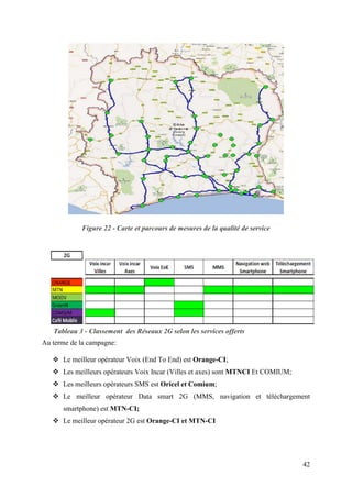 42 
Figure 22 - Carte et parcours de mesures de la qualité de service 
Tableau 3 - Classement des Réseaux 2G selon les services offerts 
Au terme de la campagne: 
 Le meilleur opérateur Voix (End To End) est Orange-CI; 
 Les meilleurs opérateurs Voix Incar (Villes et axes) sont MTNCI Et COMIUM; 
 Les meilleurs opérateurs SMS est Oricel et Comium; 
 Le meilleur opérateur Data smart 2G (MMS, navigation et téléchargement 
smartphone) est MTN-CI; 
 Le meilleur opérateur 2G est Orange-CI et MTN-CI 
 