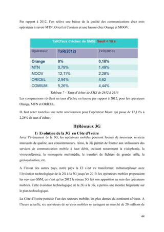 Par rapport à 2012, l’on relève une baisse de la qualité des communications chez trois 
opérateurs à savoir MTN, Oricel et Comium et une hausse chez Orange et MOOV. 
Tableau 7 – Taux d’échec de SMS de 2012 à 2013 
Les comparaisons révèlent un taux d’échec en hausse par rapport à 2012, pour les opérateurs 
Orange, MTN et ORICEL. 
IL faut noter toutefois une nette amélioration pour l’opérateur Moov qui passe de 12,11% à 
2,28% de taux d’échec; 
44 
II) Réseaux 3G 
1) Evolution de la 3G en Côte d’Ivoire 
Avec l’avènement de la 3G, les opérateurs mobiles pourront fournir de nouveaux services 
innovants de qualité, aux consommateurs. Ainsi, la 3G permet de fournir aux utilisateurs des 
services de communication mobile à haut débit, incluant notamment la visiophonie, la 
visioconférence, la messagerie multimédia, le transfert de fichiers de grande taille, la 
géolocalisation, etc. 
A l’instar des autres pays, notre pays la CI s’est vu transformer, métamorphoser avec 
l’évolution technologique de la 2G à la 3G jusqu’en 2010, les opérateurs mobiles proposaient 
les services GSM, ce n’est qu’en 2012 le réseau 3G fait son apparition au sein des opérateurs 
mobiles. Cette évolution technologique de la 2G à la 3G, a permis une montée fulgurante sur 
le plan technologique. 
La Cote d’Ivoire possède l’un des secteurs mobiles les plus denses du continent africain. A 
l’heure actuelle, six opérateurs de services mobiles se partagent un marché de 20 millions de 
 