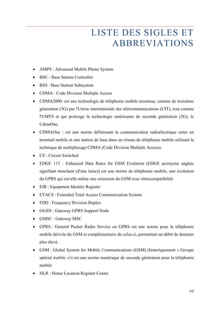 LISTE DES SIGLES ET 
ABBREVIATIONS 
 AMPS : Advanced Mobile Phone System 
 BSC : Base Station Controller 
 BSS : Base Station Subsystem 
 CDMA : Code Division Multiple Access 
 CDMA2000: est une technologie de téléphonie mobile reconnue, comme de troisième 
génération (3G) par l'Union internationale des télécommunications (UIT), tout comme 
l'UMTS et qui prolonge la technologie américaine de seconde génération (2G), le 
CdmaOne. 
 CDMAOne : est une norme définissant la communication radioélectrique entre un 
terminal mobile et une station de base dans un réseau de téléphonie mobile utilisant la 
technique de multiplexage CDMA (Code Division Multiple Access). 
 CS : Circuit Switched 
 EDGE 115 : Enhanced Data Rates for GSM Evolution (EDGE acronyme anglais 
signifiant tranchant (d'une lame)) est une norme de téléphonie mobile, une évolution 
du GPRS qui est-elle même une extension du GSM avec rétrocompatibilité. 
 EIR : Equipment Identity Register 
 ETACS : Extended Total Access Communication System 
 FDD : Frequency Division Duplex 
 GGSN : Gateway GPRS Support Node 
 GMSC : Gateway MSC 
 GPRS : General Packet Radio Service ou GPRS est une norme pour la téléphonie 
mobile dérivée du GSM et complémentaire de celui-ci, permettant un débit de données 
plus élevé. 
 GSM : Global System for Mobile Communications (GSM) (historiquement « Groupe 
spécial mobile »1) est une norme numérique de seconde génération pour la téléphonie 
mobile 
vii 
 HLR : Home Location Register Center 
 
