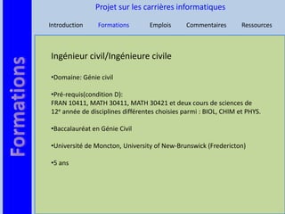 Projet sur les carrières informatiques

Introduction    Formations        Emplois      Commentaires       Ressources



Ingénieur civil/Ingénieure civile

•Domaine: Génie civil

•Pré-requis(condition D):
FRAN 10411, MATH 30411, MATH 30421 et deux cours de sciences de
12e année de disciplines différentes choisies parmi : BIOL, CHIM et PHYS.

•Baccalauréat en Génie Civil

•Université de Moncton, University of New-Brunswick (Fredericton)

•5 ans
 