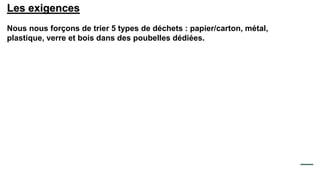 Les exigences
Nous nous forçons de trier 5 types de déchets : papier/carton, métal,
plastique, verre et bois dans des poubelles dédiées.
 