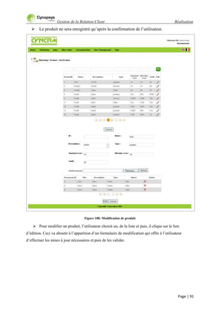 Gestion de la Relation Client Réalisation
Page | 91
 Le produit ne sera enregistré qu‟après la confirmation de l‟utilisateur.
Figure 108: Modification de produit
 Pour modifier un produit, l‟utilisateur choisit un, de la liste et puis, il clique sur le lien
d‟édition. Ceci va aboutir à l‟apparition d‟un formulaire de modification qui offre à l‟utilisateur
d‟effectuer les mises à jour nécessaires et puis de les valider.
 