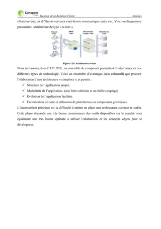 Gestion de la Relation Client Annexes
client/serveur, les différents serveurs vont devoir communiquer entre eux. Voici un diagramme
présentant l‟architecture de type « n-tiers » :
Figure 126: Architecture n-tiers
Nous retrouvons, dans l‟API J2EE, un ensemble de composant permettant d‟interconnecter ces
différents types de technologie. Voici un ensemble d‟avantages (non exhaustif) que procure
l‟élaboration d‟une architecture « complexe », et pensée :
 Structure de l‟application propre.
 Modularité de l‟application. (une forte cohésion et un faible couplage)
 Evolution de l‟application facilitée.
 Factorisation de code et utilisation de plateformes ou composants génériques.
L‟inconvénient principal est la difficulté à mettre en place une architecture correcte et stable.
Cette phase demande une très bonne connaissance des outils disponibles sur le marché mais
également une très bonne aptitude à utiliser l‟abstraction et les concepts objets pour le
développeur.
 