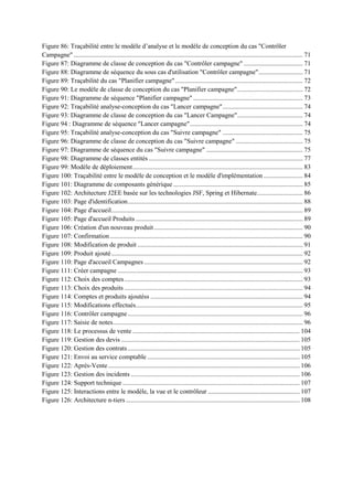 Figure 86: Traçabilité entre le modèle d‟analyse et le modèle de conception du cas "Contrôler
Campagne" ............................................................................................................................................ 71
Figure 87: Diagramme de classe de conception du cas "Contrôler campagne" .................................... 71
Figure 88: Diagramme de séquence du sous cas d'utilisation "Contrôler campagne"........................... 71
Figure 89: Traçabilité du cas "Planifier campagne".............................................................................. 72
Figure 90: Le modèle de classe de conception du cas "Planifier campagne"........................................ 72
Figure 91: Diagramme de séquence "Planifier campagne" ................................................................... 73
Figure 92: Traçabilité analyse-conception du cas "Lancer campagne"................................................. 74
Figure 93: Diagramme de classe de conception du cas "Lancer Campagne"........................................ 74
Figure 94 : Diagramme de séquence "Lancer campagne"..................................................................... 74
Figure 95: Traçabilité analyse-conception du cas "Suivre campagne" ................................................. 75
Figure 96: Diagramme de classe de conception du cas "Suivre campagne" ......................................... 75
Figure 97: Diagramme de séquence du cas "Suivre campagne" ........................................................... 75
Figure 98: Diagramme de classes entités .............................................................................................. 77
Figure 99: Modèle de déploiement........................................................................................................ 83
Figure 100: Traçabilité entre le modèle de conception et le modèle d'implémentation ........................ 84
Figure 101: Diagramme de composants générique ............................................................................... 85
Figure 102: Architecture J2EE basée sur les technologies JSF, Spring et Hibernate............................ 86
Figure 103: Page d'identification........................................................................................................... 88
Figure 104: Page d'accueil..................................................................................................................... 89
Figure 105: Page d'accueil Produits ...................................................................................................... 89
Figure 106: Création d'un nouveau produit........................................................................................... 90
Figure 107: Confirmation...................................................................................................................... 90
Figure 108: Modification de produit ..................................................................................................... 91
Figure 109: Produit ajouté..................................................................................................................... 92
Figure 110: Page d'accueil Campagnes................................................................................................. 92
Figure 111: Créer campagne ................................................................................................................. 93
Figure 112: Choix des comptes............................................................................................................. 93
Figure 113: Choix des produits ............................................................................................................. 94
Figure 114: Comptes et produits ajoutéss ............................................................................................. 94
Figure 115: Modifications effectués...................................................................................................... 95
Figure 116: Contrôler campagne........................................................................................................... 96
Figure 117: Saisie de notes.................................................................................................................... 96
Figure 118: Le processus de vente ...................................................................................................... 104
Figure 119: Gestion des devis ............................................................................................................. 105
Figure 120: Gestion des contrats......................................................................................................... 105
Figure 121: Envoi au service comptable ............................................................................................. 105
Figure 122: Après-Vente..................................................................................................................... 106
Figure 123: Gestion des incidents ....................................................................................................... 106
Figure 124: Support technique ............................................................................................................ 107
Figure 125: Interactions entre le modèle, la vue et le contrôleur ........................................................ 107
Figure 126: Architecture n-tiers .......................................................................................................... 108
 