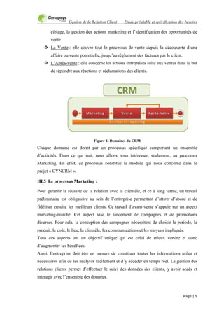 Gestion de la Relation Client Etude préalable et spécification des besoins
Page | 9
ciblage, la gestion des actions marketing et l‟identification des opportunités de
vente.
 La Vente : elle couvre tout le processus de vente depuis la découverte d‟une
affaire ou vente potentielle, jusqu‟au règlement des factures par le client.
 L‟Après-vente : elle concerne les actions entreprises suite aux ventes dans le but
de répondre aux réactions et réclamations des clients.
Figure 4: Domaines du CRM
Chaque domaine est décrit par un processus spécifique comportant un ensemble
d‟activités. Dans ce qui suit, nous allons nous intéresser, seulement, au processus
Marketing. En effet, ce processus constitue le module qui nous concerne dans le
projet « CYNCRM ».
III.5 Le processus Marketing :
Pour garantir la réussite de la relation avec la clientèle, et ce à long terme, un travail
préliminaire est obligatoire au sein de l‟entreprise permettant d‟attirer d‟abord et de
fidéliser ensuite les meilleurs clients. Ce travail d‟avant-vente s‟appuie sur un aspect
marketing-marché. Cet aspect vise le lancement de compagnes et de promotions
diverses. Pour cela, la conception des campagnes nécessitent de choisir la période, le
produit, le coût, le lieu, la clientèle, les communications et les moyens impliqués.
Tous ces aspects ont un objectif unique qui est celui de mieux vendre et donc
d‟augmenter les bénéfices.
Ainsi, l‟entreprise doit être en mesure de constituer toutes les informations utiles et
nécessaires afin de les analyser facilement et d‟y accéder en temps réel. La gestion des
relations clients permet d‟effectuer le suivi des données des clients, y avoir accès et
interagir avec l‟ensemble des données.
 