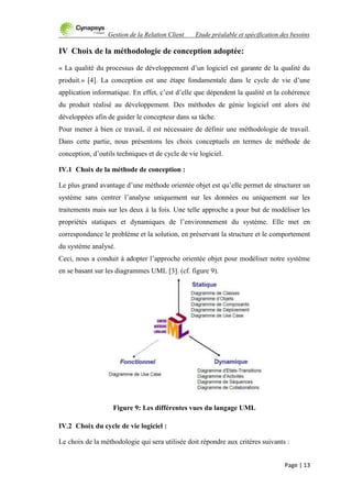 Gestion de la Relation Client Etude préalable et spécification des besoins
Page | 13
IV Choix de la méthodologie de conception adoptée:
« La qualité du processus de développement d‟un logiciel est garante de la qualité du
produit.» [4]. La conception est une étape fondamentale dans le cycle de vie d‟une
application informatique. En effet, c‟est d‟elle que dépendent la qualité et la cohérence
du produit réalisé au développement. Des méthodes de génie logiciel ont alors été
développées afin de guider le concepteur dans sa tâche.
Pour mener à bien ce travail, il est nécessaire de définir une méthodologie de travail.
Dans cette partie, nous présentons les choix conceptuels en termes de méthode de
conception, d‟outils techniques et de cycle de vie logiciel.
IV.1 Choix de la méthode de conception :
Le plus grand avantage d‟une méthode orientée objet est qu‟elle permet de structurer un
système sans centrer l‟analyse uniquement sur les données ou uniquement sur les
traitements mais sur les deux à la fois. Une telle approche a pour but de modéliser les
propriétés statiques et dynamiques de l‟environnement du système. Elle met en
correspondance le problème et la solution, en préservant la structure et le comportement
du système analysé.
Ceci, nous a conduit à adopter l‟approche orientée objet pour modéliser notre système
en se basant sur les diagrammes UML [3]. (cf. figure 9).
Figure 9: Les différentes vues du langage UML
IV.2 Choix du cycle de vie logiciel :
Le choix de la méthodologie qui sera utilisée doit répondre aux critères suivants :
 