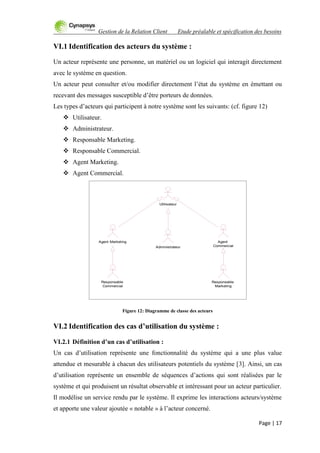 Gestion de la Relation Client Etude préalable et spécification des besoins
Page | 17
VI.1 Identification des acteurs du système :
Un acteur représente une personne, un matériel ou un logiciel qui interagit directement
avec le système en question.
Un acteur peut consulter et/ou modifier directement l‟état du système en émettant ou
recevant des messages susceptible d‟être porteurs de données.
Les types d‟acteurs qui participent à notre système sont les suivants: (cf. figure 12)
 Utilisateur.
 Administrateur.
 Responsable Marketing.
 Responsable Commercial.
 Agent Marketing.
 Agent Commercial.
Figure 12: Diagramme de classe des acteurs
VI.2 Identification des cas d’utilisation du système :
VI.2.1 Définition d’un cas d’utilisation :
Un cas d‟utilisation représente une fonctionnalité du système qui a une plus value
attendue et mesurable à chacun des utilisateurs potentiels du système [3]. Ainsi, un cas
d‟utilisation représente un ensemble de séquences d‟actions qui sont réalisées par le
système et qui produisent un résultat observable et intéressant pour un acteur particulier.
Il modélise un service rendu par le système. Il exprime les interactions acteurs/système
et apporte une valeur ajoutée « notable » à l‟acteur concerné.
Utilisateur
Agent
Commercial
Agent Marketing
Administrateur
Responsable
Commercial
Responsable
Marketing
 