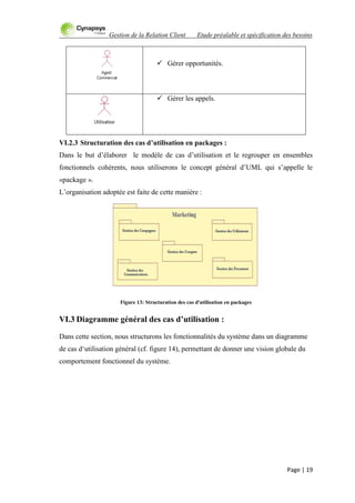 Gestion de la Relation Client Etude préalable et spécification des besoins
Page | 19
 Gérer opportunités.
 Gérer les appels.
VI.2.3 Structuration des cas d’utilisation en packages :
Dans le but d‟élaborer le modèle de cas d‟utilisation et le regrouper en ensembles
fonctionnels cohérents, nous utiliserons le concept général d‟UML qui s‟appelle le
«package ».
L‟organisation adoptée est faite de cette manière :
Figure 13: Structuration des cas d'utilisation en packages
VI.3 Diagramme général des cas d’utilisation :
Dans cette section, nous structurons les fonctionnalités du système dans un diagramme
de cas d„utilisation général (cf. figure 14), permettant de donner une vision globale du
comportement fonctionnel du système.
 