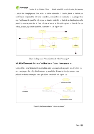 Gestion de la Relation Client Etude préalable et spécification des besoins
Page | 26
Lorsqu‟une campagne est crée, elle a le statut «nouvelle ». Ensuite, selon le résultat de
contrôle du responsable, elle sera « valide », « invalide » ou « annulée ». A chaque fois
que l‟utilisateur la modifie, elle prend le statut « modifiée ». Suite à sa planification, elle
prend le statut « planifiée ». Puis, elle est « lancée ». Et enfin, quand sa date de fin est
échue, elle est, systématiquement, « clôturée ». (cf. figure 18)
Figure 18: Diagramme d'états-transitions de l'objet "Campagne"
VI.8 Raffinement du cas d’utilisation « Gérer documents » :
Le module « gérer document » permet de gérer les documents associés aux produits ou
aux campagnes. En effet, l‟utilisateur à la possibilité d‟associer des documents à un
produit ou à une campagne ainsi que de les consulter. (cf. figure 19)
Figure 19: Raffinement du cas " Gérer documents"
modifiée
nouvelle
invalide
valide planifiée lancée
annulée
Clôturée
Utilisateur
Gérer documents
Ajouter document
Consulter document
Supprimer document
 