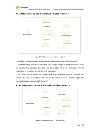 Gestion de la Relation Client Etude préalable et spécification des besoins
Page | 27
VI.9 Raffinement du cas d’utilisation « Gérer comptes » :
Figure 20: Raffinement du cas " Gérer comptes"
Le module « gérer comptes » assure la gestion des tiers/comptes de l‟entreprise.
L‟agent Marketing peut créer un compte. Pour chaque compte, il a la possibilité de créer
un ou plusieurs contacts. Une fois que le compte est crée, l‟utilisateur peut le
rechercher, le consulter, le modifier ou le supprimer.
Il est à noter que la gestion des comptes fait, impérativement, appel à la gestion des
contacts. En effet, un compte ne peut pas exister tout seul, mais il doit être représenté
par un contact ou plusieurs. (cf. figure 20)
VI.10 Raffinement du cas d’utilisation « Gérer contacts » :
Figure 21: Raffinement du cas " Gérer contacts"
Créer compte
Consulter compte
Gérer comptes
Agent Marketing
Modifier compte
S'authentifier
Gérer contacts
<<include>>
<<include>>
Supprimer compte
S'authentifier
Créer contact
Consulter contacts
Modifier contact
Gérer comptes
Gérer contacts
<<include>>
Agent Marketing
<<include>>
Supprimer contact
 