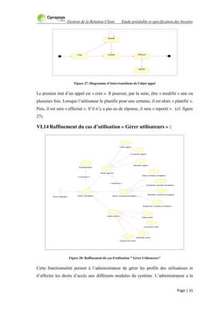 Gestion de la Relation Client Etude préalable et spécification des besoins
Page | 31
Figure 27: Diagramme d’états-transitions de l'objet appel
Le premier état d‟un appel est « crée ». Il pourrait, par la suite, être « modifié » une ou
plusieurs fois. Lorsque l‟utilisateur le planifie pour une certaine, il est alors « planifié ».
Puis, il est sera « effectué ». S‟il n‟y a pas eu de réponse, il sera « reporté ». (cf. figure
27)
VI.14 Raffinement du cas d’utilisation « Gérer utilisateurs » :
Figure 28: Raffinement du cas d'utilisation " Gérer Utilisateurs"
Cette fonctionnalité permet à l‟administrateur de gérer les profils des utilisateurs et
d‟affecter les droits d‟accès aux différents modules du système. L‟administrateur a la
Crée Planifié Effectué
Modifié
reporté
Gérer agents
Gérer comptes-utilisateur
Gérer profils
Créer agent
Modifier agent
Consulter agent
<<extend>>
Gérer utilisateur
Administrateur
Créer profil
Modifier profil
Supprimer profil
Consulter profil
Créer compte-utilisateur
Modifier compte-utilisateur
Supprimer compte-utilisateur
Consulter compte-utilisateur
S'authentifier
<<include>>
 