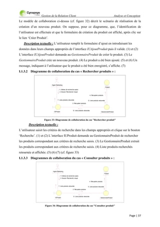 Gestion de la Relation Client Analyse et Conception
Page | 37
Le modèle de collaboration ci-dessus (cf. figure 32) décrit le scénario de réalisation de la
création d‟un nouveau produit. On suppose, pour ce diagramme, que, l‟identification de
l‟utilisateur est effectuée et que le formulaire de création du produit est affiché, après clic sur
le lien „Créer Produit‟.
Description textuelle : L‟utilisateur remplit le formulaire d‟ajout en introduisant les
données dans leurs champs appropriés de l‟interface IUAjoutProduit puis il valide. (1) et (2)
L‟interface IUAjoutProduit demande au GestionnaireProduit de créer le produit. (3) Le
GestionnaireProduit crée un nouveau produit. (4) Le produit a été bien ajouté. (5) et (6) Un
message, indiquant à l‟utilisateur que le produit a été bien enregistré, s‟affiche. (7)
I.1.3.2 Diagramme de collaboration du cas « Rechercher produits » :
Figure 33: Diagramme de collaboration du cas "Rechercher produit"
Description textuelle :
L‟utilisateur saisit les critères de recherche dans les champs appropriés et clique sur le bouton
„Recherche‟. (1) et (2) L‟interface IUProduit demande au GestionnaireProduit de rechercher
les produits correspondant aux critères de recherche saisis. (3) Le GestionnaireProduit extrait
les produits correspondant aux critères de recherche saisis. (4) Liste produits recherchés
retournée et affichée. (5) (6) (7) (cf. figure 33)
I.1.3.3 Diagrammes de collaboration du cas « Consulter produits » :
Figure 34: Diagramme de collaboration du cas "Consulter produit"
: Agent Marketing
: GestionnaireProduit: IUProduit
: Produit
1: Critères de recherche saisis
2: Bouton 'Recherche' cliqué
3: Récupérer produits
6: Liste produits retournée
7: Liste produits retournée
4: Récupérer produits
5: Liste produits retournée
: Agent Marketing
: GestionnaireProduit: IUProduit
: Produit
1: Critères de recherche saisis
2: Bouton 'Recherche' cliqué
3: Récupérer produits
6: Liste produits retournée
7: Liste produits retournée
4: Récupérer produits
5: Liste produits retournée
 