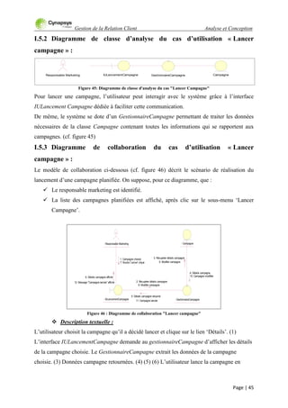 Gestion de la Relation Client Analyse et Conception
Page | 45
I.5.2 Diagramme de classe d’analyse du cas d’utilisation « Lancer
campagne » :
Figure 45: Diagramme de classe d'analyse du cas "Lancer Campagne"
Pour lancer une campagne, l‟utilisateur peut interagir avec le système grâce à l‟interface
IULancement Campagne dédiée à faciliter cette communication.
De même, le système se dote d‟un GestionnaireCampagne permettant de traiter les données
nécessaires de la classe Campagne contenant toutes les informations qui se rapportent aux
campagnes. (cf. figure 45)
I.5.3 Diagramme de collaboration du cas d’utilisation « Lancer
campagne » :
Le modèle de collaboration ci-dessous (cf. figure 46) décrit le scénario de réalisation du
lancement d‟une campagne planifiée. On suppose, pour ce diagramme, que :
 Le responsable marketing est identifié.
 La liste des campagnes planifiées est affiché, après clic sur le sous-menu „Lancer
Campagne‟.
Figure 46 : Diagramme de collaboration "Lancer campagne"
 Description textuelle :
L‟utilisateur choisit la campagne qu‟il a décidé lancer et clique sur le lien „Détails‟. (1)
L‟interface IULancementCampagne demande au gestionnaireCampagne d‟afficher les détails
de la campagne choisie. Le GestionnaireCampagne extrait les données de la campagne
choisie. (3) Données campagne retournées. (4) (5) (6) L‟utilisateur lance la campagne en
CampagneGestionnaireCampagneResponsable Marketing IULancementCampagne
: Responsable Marketing
: GestionnaireCampagne
: Campagne
: IULancementCampagne
1: Campagne choisie
6: Détails campagne affiché
7: Bouton 'Lancer' cliqué
12: Message "Campagne lancée" affiché
3: Récupérer détails campagne
4: Détails campagne
9: Modifier campagne
10: Campagne modifiée
2: Récupérer détails campagne
5: Détails campagne retourné
8: Modifier campagne
11: Campagne lancée
 