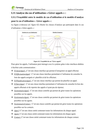 Gestion de la Relation Client Analyse et Conception
Page | 55
I.11 Analyse du cas d’utilisation « Gérer appels » :
I.11.1Traçabilité entre le modèle de cas d’utilisation et le modèle d’analyse
pour le cas d’utilisation « Gérer appels » :
La figure ci-dessous (cf. figure 62) illustre les classes d‟analyse qui participent dans le cas
d‟utilisation « Gérer appels » :
Figure 62: Traçabilité du cas "Gérer appels"
Pour gérer les appels, l‟utilisateur peut interagir avec le système grâce à des interfaces dédiées
à faciliter cette communication :
 IUAjoutAppel : C‟est une classe interface qui permet d‟enregistrer un appel effectué.
 IUEffectuationAppel : C‟est une classe interface permettant à l‟utilisateur de consulter la
liste des appels assignés et planifiés et de les effectuer.
 IUPlanificationAppel : C‟est une classe interface qui permet de planifier un appel.
 IUSuiviAppel : C‟est une classe interface permettant à l‟utilisateur de consulter la liste des
appels effectués et de reporter des appels n‟ayant pas de réponse.
 GestionnaireAppel : C‟est une classe contrôle qui permet de gérer toutes les opérations
possibles sur les appels.
 GestionnaireAgent : C‟est une classe contrôle qui permet de gérer toutes les opérations
possibles sur les agents.
 GestionnaireContact : C‟est une classe contrôle qui permet de gérer toutes les opérations
possibles sur les contacts.
 Appe l: C‟est une classe entité contenant toutes les informations de chaque appel.
 Agent: C‟est une classe entité contenant toutes les informations de chaque agent.
 Contact: C‟est une classe entité contenant toutes les informations de chaque contact.
 