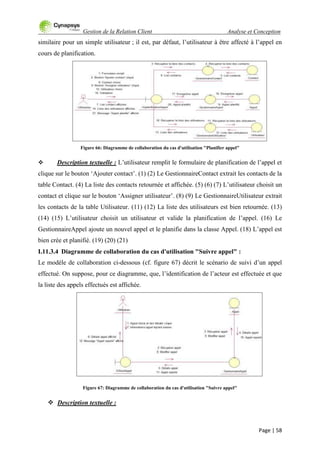 Gestion de la Relation Client Analyse et Conception
Page | 58
similaire pour un simple utilisateur ; il est, par défaut, l‟utilisateur à être affecté à l‟appel en
cours de planification.
Figure 66: Diagramme de collaboration du cas d'utilisation "Planifier appel"
 Description textuelle : L‟utilisateur remplit le formulaire de planification de l‟appel et
clique sur le bouton „Ajouter contact‟. (1) (2) Le GestionnaireContact extrait les contacts de la
table Contact. (4) La liste des contacts retournée et affichée. (5) (6) (7) L‟utilisateur choisit un
contact et clique sur le bouton „Assigner utilisateur‟. (8) (9) Le GestionnaireUtilisateur extrait
les contacts de la table Utilisateur. (11) (12) La liste des utilisateurs est bien retournée. (13)
(14) (15) L‟utilisateur choisit un utilisateur et valide la planification de l‟appel. (16) Le
GestionnaireAppel ajoute un nouvel appel et le planifie dans la classe Appel. (18) L‟appel est
bien crée et planifié. (19) (20) (21)
I.11.3.4 Diagramme de collaboration du cas d'utilisation "Suivre appel" :
Le modèle de collaboration ci-dessous (cf. figure 67) décrit le scénario de suivi d‟un appel
effectué. On suppose, pour ce diagramme, que, l‟identification de l‟acteur est effectuée et que
la liste des appels effectués est affichée.
Figure 67: Diagramme de collaboration du cas d'utilisation "Suivre appel"
 Description textuelle :
 