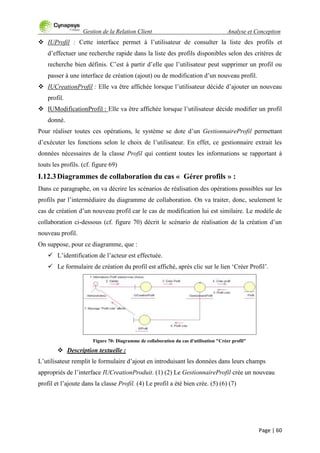 Gestion de la Relation Client Analyse et Conception
Page | 60
 IUProfil : Cette interface permet à l‟utilisateur de consulter la liste des profils et
d‟effectuer une recherche rapide dans la liste des profils disponibles selon des critères de
recherche bien définis. C‟est à partir d‟elle que l‟utilisateur peut supprimer un profil ou
passer à une interface de création (ajout) ou de modification d‟un nouveau profil.
 IUCreationProfil : Elle va être affichée lorsque l‟utilisateur décide d‟ajouter un nouveau
profil.
 IUModificationProfil : Elle va être affichée lorsque l‟utilisateur décide modifier un profil
donné.
Pour réaliser toutes ces opérations, le système se dote d‟un GestionnaireProfil permettant
d‟exécuter les fonctions selon le choix de l‟utilisateur. En effet, ce gestionnaire extrait les
données nécessaires de la classe Profil qui contient toutes les informations se rapportant à
touts les profils. (cf. figure 69)
I.12.3Diagrammes de collaboration du cas « Gérer profils » :
Dans ce paragraphe, on va décrire les scénarios de réalisation des opérations possibles sur les
profils par l‟intermédiaire du diagramme de collaboration. On va traiter, donc, seulement le
cas de création d‟un nouveau profil car le cas de modification lui est similaire. Le modèle de
collaboration ci-dessous (cf. figure 70) décrit le scénario de réalisation de la création d‟un
nouveau profil.
On suppose, pour ce diagramme, que :
 L‟identification de l‟acteur est effectuée.
 Le formulaire de création du profil est affiché, après clic sur le lien „Créer Profil‟.
Figure 70: Diagramme de collaboration du cas d'utilisation "Créer profil"
 Description textuelle :
L‟utilisateur remplit le formulaire d‟ajout en introduisant les données dans leurs champs
appropriés de l‟interface IUCreationProduit. (1) (2) Le GestionnaireProfil crée un nouveau
profil et l‟ajoute dans la classe Profil. (4) Le profil a été bien crée. (5) (6) (7)
 