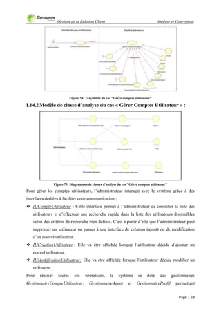 Gestion de la Relation Client Analyse et Conception
Page | 63
Figure 74: Traçabilité du cas "Gérer comptes utilisateur"
I.14.2Modèle de classe d’analyse du cas « Gérer Comptes Utilisateur » :
Figure 75: Diagrammes de classes d'analyse du cas "Gérer comptes utilisateur"
Pour gérer les comptes utilisateurs, l‟administrateur interagit avec le système grâce à des
interfaces dédiées à faciliter cette communication :
 IUCompteUtilisateur : Cette interface permet à l‟administrateur de consulter la liste des
utilisateurs et d‟effectuer une recherche rapide dans la liste des utilisateurs disponibles
selon des critères de recherche bien définis. C‟est à partir d‟elle que l‟administrateur peut
supprimer un utilisateur ou passer à une interface de création (ajout) ou de modification
d‟un nouvel utilisateur.
 IUCreationUtilisateur : Elle va être affichée lorsque l‟utilisateur décide d‟ajouter un
nouvel utilisateur.
 IUModificationUtilisateur: Elle va être affichée lorsque l‟utilisateur décide modifier un
utilisateur.
Pour réaliser toutes ces opérations, le système se dote des gestionnaires
GestionnaireCompteUtilisateur, GestionnaireAgent et GestionnaireProfil permettant
Profil
Agent
UtilisateurGestionnaireComptesUtilisateur
GestionnaireAgent
IUCreationCompteUtilisateur GestionnaireProfil
Administrateur
IUModificationCompteUtilisateur
IUComptesUtilisateur
 