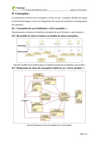 Gestion de la Relation Client Analyse et Conception
Page | 67
II Conception :
L‟enchaînement d‟activité de la conception, se base sur une conception détaillée de chaque
cas d‟utilisation dégagé à travers les diagrammes des classes de conception et les diagrammes
des séquences.
II.1 Conception du cas d’utilisation « Gérer produits » :
Nous présentons ci-dessous le modèle de conception du cas d‟utilisation « gérer produits ».
II.2 Du modèle de classe d’analyse au modèle de classe conception :
Figure 80: Traçabilité entre le modèle d’analyse et le modèle de conception du cas d’utilisation « gérer produits »
II.3 Diagramme de classe de conception relatif au cas « Gérer produit » :
Figure 81: Diagramme de classe de conception du cas "Gérer produit"
 