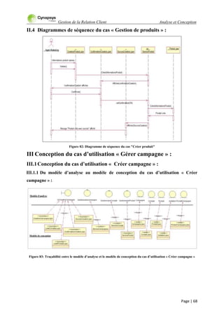 Gestion de la Relation Client Analyse et Conception
Page | 68
II.4 Diagrammes de séquence du cas « Gestion de produits » :
Figure 82: Diagramme de séquence du cas "Créer produit"
III Conception du cas d’utilisation « Gérer campagne » :
III.1Conception du cas d’utilisation « Créer campagne » :
III.1.1 Du modèle d’analyse au modèle de conception du cas d’utilisation « Créer
campagne » :
Figure 83: Traçabilité entre le modèle d’analyse et le modèle de conception du cas d’utilisation « Créer campagne »
 