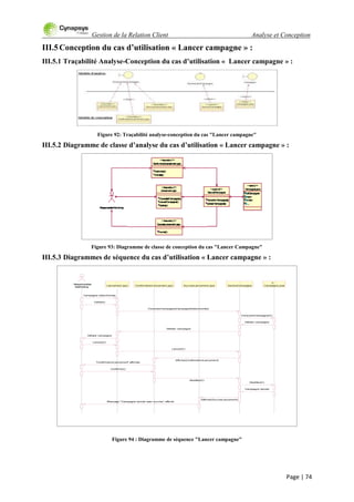 Gestion de la Relation Client Analyse et Conception
Page | 74
III.5Conception du cas d’utilisation « Lancer campagne » :
III.5.1 Traçabilité Analyse-Conception du cas d’utilisation « Lancer campagne » :
Figure 92: Traçabilité analyse-conception du cas "Lancer campagne"
III.5.2 Diagramme de classe d’analyse du cas d’utilisation « Lancer campagne » :
Figure 93: Diagramme de classe de conception du cas "Lancer Campagne"
III.5.3 Diagrammes de séquence du cas d’utilisation « Lancer campagne » :
Figure 94 : Diagramme de séquence "Lancer campagne"
: Responsable
Marketing
: Responsable
Marketing
:
Lancement.jspx
:
Lancement.jspx
:
ServiceCampagne
:
ServiceCampagne
:
SuccesLancement.jspx
:
SuccesLancement.jspx
:
ConfirmationLancement.jspx
:
ConfirmationLancement.jspx
C :
Campagne.java
C :
Campagne.java
Campagne sélectionnée
Valider()
ConsulterCampagne(CampagneSelectionnée)
ConsulterCampagne(C)
Détails campagne
Détails campagne
Détails campagne
Lancer(C)
Lancer(C)
Afficher(ConfirmationLancement)
'ConfirmationLancement' affichée
Confirmer()
Modifier(C)
Modifier(C)
Afficher(SuccesLancement)
Message "Campagne lancée avec succès" affiché
Campagne lancée
 