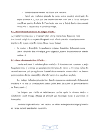 13
- Valorisation des données à l’aide de prix standards
- Calcul des résultats à atteindre du projet, restera ensuite à choisir entre les
projets élaborés et là, alors que leur construction était avant tout le fait du service de
contrôle de gestion, le choix de l’un d’entre eux sera le fait de la direction générale
réunie pour la circonstance en comité de budget.
C. L’élaboration et la discussion des budgets détaillés :
Avec cette troisième phase le projet de budget adopté émane d’une discussion entre
fonctionnels budgétaire et responsable opérationnels afin de procéder à des réajustements
éventuels, De mieux cerner les points clés de chaque budget
- De préciser et de modifier éventuellement certaines hypothèses de base (niveau de
ventes à atteindre dans telle région, pour tel produit, normes de consommation de telle
matière…)
D. L’élaboration des prévisions définitives :
Les discussions de la troisième phase terminées, il faut maintenant reprendre le projet
budgétaire initial et y intégré les réajustements intervenus, Ici encore la procédure partira des
quantités vendues, puis par application de coefficients successifs, on déterminera les diverses
consommations. Enfin, on procédera à la valorisation et au calcul des résultats.
Les budgets élaborés sont synthétisés dans les documents prévisionnels : le budget de
trésorerie et les états de synthèse prévisionnels (bilan, Etats des soldes de gestion et tableau
de financement …)
Les budgets sont établis et définitivement arrêtés après de sérieuse études et
simulations visant l’usage efficace et efficient des ressources mises à disposition de
l’entreprise.
Les choix les plus rationnels sont retenus, les actions à entreprendre sont programmées
en vue de parvenir aux résultats escomptés.
 