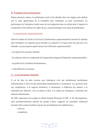 19
B. Typologie de la performance
Depuis plusieurs années, la performance tend à être abordée dans une logique plus globale
que la seule appréciation de la rentabilité pour l'entreprise ou pour l'actionnaire. La
performance de l'entreprise résulte aussi de son intégration dans un milieu dont il importe de
comprendre et de maîtriser les règles du jeu, on peut distinguer trois types de performance.
La performance organisationnelle
Selon les études de Taylor et de Fayol, la performance organisationnelle concerne la manière
dont l'entreprise est organisée pour atteindre ses objectifs et la façon dont elle parvient à les
atteindre, on peut propose quatre facteurs de l'efficacité organisationnelle :
- le respect de la structure formelle,
- les relations entre les composants de l'organisation (logique d'intégration organisationnelle),
- la qualité de la circulation d'informations,
- la flexibilité de la structure.
C. La performance humaine
Il est de plus en plus reconnu que l'entreprise n'est pas durablement performante
financièrement si elle n'est pas performante humainement et socialement. Les questions liées
aux compétences, à la capacité d'initiative, à l'autonomie, à l'adhésion des salariés, à la
réalisation des objectifs, voire au projet et donc à la culture de l'entreprise, constituent des
éléments déterminants.
En 1985, reprenant à son compte la célèbre formule d'Einstein, E=MC², J. M. Descarpentries,
alors président-directeur général du groupe Carnot, suggérait de considérer l'efficacité
humaine (Eh) comme résultant toujours du rassemblement de collaborateurs :
- motivés,
- compétents,
 