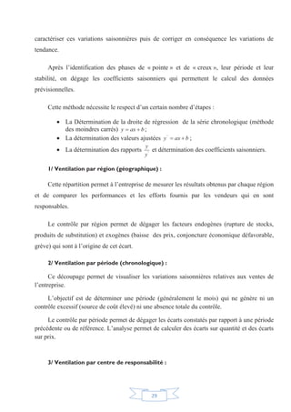 29
caractériser ces variations saisonnières puis de corriger en conséquence les variations de
tendance.
Après l’identification des phases de « pointe » et de « creux », leur période et leur
stabilité, on dégage les coefficients saisonniers qui permettent le calcul des données
prévisionnelles.
Cette méthode nécessite le respect d’un certain nombre d’étapes :
x La Détermination de la droite de régression de la série chronologique (méthode
des moindres carrés) baxy  ;
x La détermination des valeurs ajustées baxy '
;
x La détermination des rapports '
y
y
et détermination des coefficients saisonniers.
1/ Ventilation par région (géographique) :
Cette répartition permet à l’entreprise de mesurer les résultats obtenus par chaque région
et de comparer les performances et les efforts fournis par les vendeurs qui en sont
responsables.
Le contrôle par région permet de dégager les facteurs endogènes (rupture de stocks,
produits de substitution) et exogènes (baisse des prix, conjoncture économique défavorable,
grève) qui sont à l’origine de cet écart.
2/ Ventilation par période (chronologique) :
Ce découpage permet de visualiser les variations saisonnières relatives aux ventes de
l’entreprise.
L’objectif est de déterminer une période (généralement le mois) qui ne génère ni un
contrôle excessif (source de coût élevé) ni une absence totale du contrôle.
Le contrôle par période permet de dégager les écarts constatés par rapport à une période
précédente ou de référence. L’analyse permet de calculer des écarts sur quantité et des écarts
sur prix.
3/ Ventilation par centre de responsabilité :
 