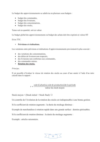 35
Le budget des approvisionnements se subdivise en plusieurs sous budgets :
x budget des commandes,
x budget des livraisons,
x budget des consommations,
x budget des stocks,
Tenus soit en quantité, soit en valeur.
Le budget global des approvisionnements ou budget des achats doit être exprimé en valeur HT
Et/ou TTC.

 Prévisions et réalisations.
Les variations entre prévisions et réalisations d’approvisionnements proviennent le plus souvent :
x des variations des consommations,
x des délais de livraison non respectés,
x des livraisons non conformes aux commandes,
x des commandes omises.

 Rotation des stocks.
Principe.
Il est possible d’évaluer la vitesse de rotation des stocks au cours d’une année à l’aide d’un ratio
calculé dans le rapport :
û ′
û é
Stock moyen = (Stock initial + Stock final) / 2
Un contrôle de l’évolution de la rotation des stocks est indispensable à une bonne gestion.
Si le coefficient de rotation augmente : la durée du stockage diminue :
Exemple de marchandises à rotation rapide dans une grande surface : denrées périssables.
Si le coefficient de rotation diminue : la durée du stockage augmente :
Exemple : articles saisonniers.
 