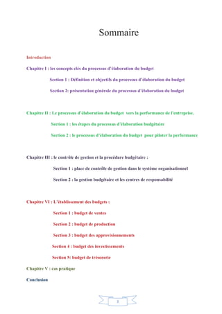 3
Sommaire
Introduction
Chapitre I : les concepts clés du processus d’élaboration du budget
Section 1 : Définition et objectifs du processus d’élaboration du budget
Section 2: présentation générale du processus d’élaboration du budget
Chapitre II : Le processus d’élaboration du budget vers la performance de l'entreprise.
Section 1 : les étapes du processus d’élaboration budgétaire
Section 2 : le processus d’élaboration du budget pour piloter la performance
Chapitre III : le contrôle de gestion et la procédure budgétaire :
Section 1 : place de contrôle de gestion dans le système organisationnel
Section 2 : la gestion budgétaire et les centres de responsabilité
Chapitre VI : L’établissement des budgets :
Section 1 : budget de ventes
Section 2 : budget de production
Section 3 : budget des approvisionnements
Section 4 : budget des investissements
Section 5: budget de trésorerie
Chapitre V : cas pratique
Conclusion
 