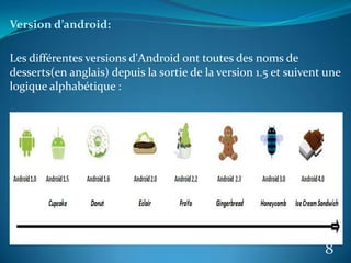 Version d’android:
Les différentes versions d'Android ont toutes des noms de
desserts(en anglais) depuis la sortie de la version 1.5 et suivent une
logique alphabétique :
8
 