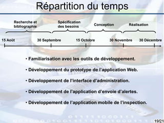 19
15 Août 30 Septembre 15 Octobre 30 Novembre 30 Décembre
Recherche et
bibliographie
Spécification
des besoins Conception Réalisation
• Familiarisation avec les outils de développement.
• Développement du prototype de l’application Web.
• Développement de l’interface d’administration.
• Développement de l’application d’envoie d’alertes.
• Développement de l’application mobile de l’inspection.
Répartition du temps
 