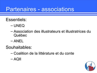 Partenaires - associations
Essentiels:
– UNEQ
– Association des illustrateurs et illustratrices du
Québec
– ANEL

Souhaita...