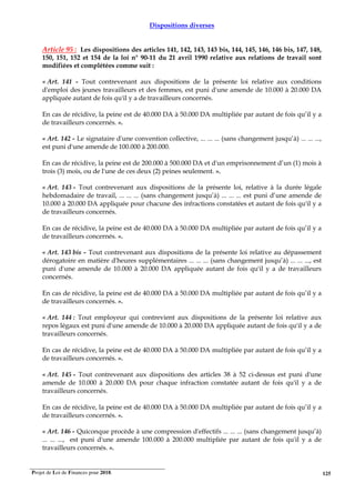 Projet de Loi de Finances pour 2018. 125
Dispositions diverses
Article 95 : Les dispositions des articles 141, 142, 143, 143 bis, 144, 145, 146, 146 bis, 147, 148,
150, 151, 152 et 154 de la loi n° 90-11 du 21 avril 1990 relative aux relations de travail sont
modifiées et complétées comme suit :
« Art. 141 - Tout contrevenant aux dispositions de la présente loi relative aux conditions
d'emploi des jeunes travailleurs et des femmes, est puni d'une amende de 10.000 à 20.000 DA
appliquée autant de fois qu'il y a de travailleurs concernés.
En cas de récidive, la peine est de 40.000 DA à 50.000 DA multipliée par autant de fois qu’il y a
de travailleurs concernés. ».
« Art. 142 - Le signataire d'une convention collective, ... ... ... (sans changement jusqu’à) ... ... ...,
est puni d'une amende de 100.000 à 200.000.
En cas de récidive, la peine est de 200.000 à 500.000 DA et d'un emprisonnement d’un (1) mois à
trois (3) mois, ou de l'une de ces deux (2) peines seulement. ».
« Art. 143 - Tout contrevenant aux dispositions de la présente loi, relative à la durée légale
hebdomadaire de travail, ... ... ... (sans changement jusqu’à) ... ... ... est puni d’une amende de
10.000 à 20.000 DA appliquée pour chacune des infractions constatées et autant de fois qu'il y a
de travailleurs concernés.
En cas de récidive, la peine est de 40.000 DA à 50.000 DA multipliée par autant de fois qu’il y a
de travailleurs concernés. ».
« Art. 143 bis - Tout contrevenant aux dispositions de la présente loi relative au dépassement
dérogatoire en matière d'heures supplémentaires ... ... ... (sans changement jusqu’à) ... ... ..., est
puni d'une amende de 10.000 à 20.000 DA appliquée autant de fois qu'il y a de travailleurs
concernés.
En cas de récidive, la peine est de 40.000 DA à 50.000 DA multipliée par autant de fois qu’il y a
de travailleurs concernés. ».
« Art. 144 : Tout employeur qui contrevient aux dispositions de la présente loi relative aux
repos légaux est puni d'une amende de 10.000 à 20.000 DA appliquée autant de fois qu'il y a de
travailleurs concernés.
En cas de récidive, la peine est de 40.000 DA à 50.000 DA multipliée par autant de fois qu’il y a
de travailleurs concernés. ».
« Art. 145 - Tout contrevenant aux dispositions des articles 38 à 52 ci-dessus est puni d'une
amende de 10.000 à 20.000 DA pour chaque infraction constatée autant de fois qu'il y a de
travailleurs concernés.
En cas de récidive, la peine est de 40.000 DA à 50.000 DA multipliée par autant de fois qu’il y a
de travailleurs concernés. ».
« Art. 146 - Quiconque procède à une compression d'effectifs ... ... ... (sans changement jusqu’à)
... ... ..., est puni d'une amende 100.000 à 200.000 multipliée par autant de fois qu'il y a de
travailleurs concernés. ».
 