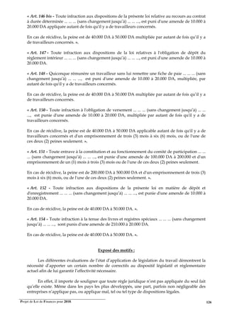 Projet de Loi de Finances pour 2018. 126
« Art. 146 bis - Toute infraction aux dispositions de la présente loi relative au recours au contrat
à durée déterminée ... ... ... (sans changement jusqu’à) ... ... ..., est puni d'une amende de 10.000 à
20.000 DA appliquée autant de fois qu'il y a de travailleurs concernés.
En cas de récidive, la peine est de 40.000 DA à 50.000 DA multipliée par autant de fois qu’il y a
de travailleurs concernés. ».
« Art. 147 - Toute infraction aux dispositions de la loi relatives à l'obligation de dépôt du
règlement intérieur ... ... ... (sans changement jusqu’à) ... ... ..., est puni d'une amende de 10.000 à
20.000 DA.
« Art. 148 - Quiconque rémunère un travailleur sans lui remettre une fiche de paie ... ... ... (sans
changement jusqu’à) ... ... ..., est puni d'une amende de 10.000 à 20.000 DA, multipliée, par
autant de fois qu'il y a de travailleurs concernés.
En cas de récidive, la peine est de 40.000 DA à 50.000 DA multipliée par autant de fois qu’il y a
de travailleurs concernés.
« Art. 150 - Toute infraction à l'obligation de versement ... ... ... (sans changement jusqu’à) ... ...
..., est punie d'une amende de 10.000 à 20.000 DA, multipliée par autant de fois qu'il y a de
travailleurs concernés.
En cas de récidive, la peine est de 40.000 DA à 50.000 DA applicable autant de fois qu'il y a de
travailleurs concernés et d'un emprisonnement de trois (3) mois à six (6) mois, ou de l'une de
ces deux (2) peines seulement. ».
« Art. 151 - Toute entrave à la constitution et au fonctionnement du comité de participation ... ...
... (sans changement jusqu’à) ... ... ..., est punie d'une amende de 100.000 DA à 200.000 et d'un
emprisonnement de un (1) mois à trois (3) mois ou de l'une de ces deux (2) peines seulement.
En cas de récidive, la peine est de 200.000 DA à 500.000 DA et d'un emprisonnement de trois (3)
mois à six (6) mois, ou de l'une de ces deux (2) peines seulement. ».
« Art. 152 - Toute infraction aux dispositions de la présente loi en matière de dépôt et
d'enregistrement ... ... ... (sans changement jusqu’à) ... ... ..., est punie d'une amende de 10.000 à
20.000 DA.
En cas de récidive, la peine est de 40.000 DA à 50.000 DA. ».
« Art. 154 - Toute infraction à la tenue des livres et registres spéciaux ... ... ... (sans changement
jusqu’à) ... ... ..., sont punis d'une amende de 210.000 à 20.000 DA.
En cas de récidive, la peine est de 40.000 DA à 50.000 DA. ».
Exposé des motifs :
Les différentes évaluations de l’état d’application de législation du travail démontrent la
nécessité d’apporter un certain nombre de correctifs au dispositif législatif et réglementaire
actuel afin de lui garantir l’effectivité nécessaire.
En effet, il importe de souligner que toute règle juridique n’est pas appliquée du seul fait
qu’elle existe. Même dans les pays les plus développés, une part, parfois non négligeable des
entreprises n’applique pas, ou applique mal, tel ou tel type de dispositions légales.
 