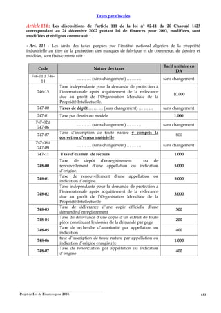 Projet de Loi de Finances pour 2018. 153
Taxes parafiscales
Article 114 : Les dispositions de l’article 111 de la loi n° 02-11 du 20 Chaoual 1423
correspondant au 24 décembre 2002 portant loi de finances pour 2003, modifiées, sont
modifiées et rédigées comme suit :
« Art. 111 - Les tarifs des taxes perçues par l’institut national algérien de la propriété
industrielle au titre de la protection des marques de fabrique et de commerce, de dessins et
modèles, sont fixés comme suit :
Code Nature des taxes
Tarif unitaire en
DA
746-01 à 746-
14
… … … (sans changement) … … … sans changement
746-15
Taxe indépendante pour la demande de protection à
l’internationale après acquittement de la redevance
due au profit de l’Organisation Mondiale de la
Propriété Intellectuelle.
10.000
747-00 Taxes de dépôt … … … (sans changement) … … … sans changement
747-01 Taxe par dessin ou modèle 1.000
747-02 à
747-06
… … … (sans changement) … … … sans changement
747-07
Taxe d’inscription de toute nature y compris la
correction d’erreur matérielle
800
747-08 à
747-09
… … … (sans changement) … … … sans changement
747-11 Taxe d’examen de recours 1.000
748-00
Taxe de dépôt d’enregistrement ou de
renouvellement d’une appellation ou indication
d’origine.
5.000
748-01
Taxe de renouvellement d’une appellation ou
indication d’origine.
5.000
748-02
Taxe indépendante pour la demande de protection à
l’internationale après acquittement de la redevance
due au profit de l’Organisation Mondiale de la
Propriété Intellectuelle
3.000
748-03
Taxe de délivrance d’une copie officielle d’une
demande d'enregistrement
500
748-04
Taxe de délivrance d’une copie d’un extrait de toute
pièce constituant le dossier de la demande par page
200
748-05
Taxe de recherche d’antériorité par appellation ou
indication
400
748-06
taxe d’inscription de toute nature par appellation ou
indication d’origine enregistrée
1.000
748-07
Taxe de renonciation par appellation ou indication
d’origine
400
 