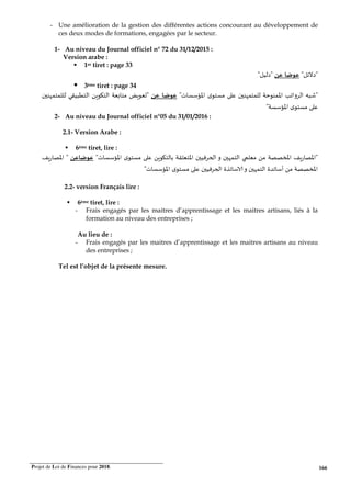 Projet de Loi de Finances pour 2018. 166
- Une amélioration de la gestion des différentes actions concourant au développement de
ces deux modes de formations, engagées par le secteur.
1- Au niveau du Journal officiel n° 72 du 31/12/2015 :
Version arabe :
1er tiret : page 33
" ‫"د‬" ‫"د‬
3ème tiret : page 34
"‫ت‬ ‫ا‬ ‫ى‬ ‫ن‬ ‫ا‬ ‫"وا‬ ‫ا‬ #$%"‫ن‬ &' $( ‫ا‬ )* + ‫ا‬ ,- .* ,/"
" ‫ا‬ ‫ى‬
2- Au niveau du Journal officiel n°05 du 31/01/2016 :
2.1- Version Arabe :
6ème tiret, lire :
"‫ت‬ ‫ا‬ ‫ى‬ )* + 1 ' , ‫ا‬ ‫ن‬ 2"34‫ا‬ ‫و‬ ‫ن‬ ‫ا‬ 56 , ) 778 ‫ا‬ 9*‫ر‬ 7 ‫"ا‬9*‫ر‬ 7 ‫ا‬ "
"‫ت‬ ‫ا‬ ‫ى‬ ‫ن‬ 2"34‫ا‬ ‫<ة‬ =‫و‬ ‫ن‬ ‫ا‬ ‫>ة‬ ‫أ‬ ) 778 ‫ا‬
2.2- version Français lire :
6ème tiret, lire :
- Frais engagés par les maitres d’apprentissage et les maitres artisans, liés à la
formation au niveau des entreprises ;
Au lieu de :
- Frais engagés par les maitres d’apprentissage et les maitres artisans au niveau
des entreprises ;
Tel est l’objet de la présente mesure.
 