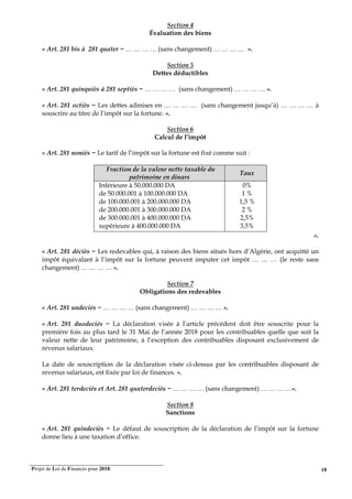Projet de Loi de Finances pour 2018. 18
Section 4
Évaluation des biens
« Art. 281 bis à 281 quater − … … … … (sans changement) … … … … ».
Section 5
Dettes déductibles
« Art. 281 quinquiès à 281 septiès − … … … … (sans changement) … … … … ».
« Art. 281 octiès − Les dettes admises en … … … … (sans changement jusqu’à) … … … … à
souscrire au titre de l’impôt sur la fortune. ».
Section 6
Calcul de l’impôt
« Art. 281 noniès − Le tarif de l’impôt sur la fortune est fixé comme suit :
Fraction de la valeur nette taxable du
patrimoine en dinars
Taux
Inférieure à 50.000.000 DA
de 50.000.001 à 100.000.000 DA
de 100.000.001 à 200.000.000 DA
de 200.000.001 à 300.000.000 DA
de 300.000.001 à 400.000.000 DA
supérieure à 400.000.000 DA
0%
1 %
1,5 %
2 %
2,5%
3,5%
».
« Art. 281 déciès − Les redevables qui, à raison des biens situés hors d‘Algérie, ont acquitté un
impôt équivalant à l‘impôt sur la fortune peuvent imputer cet impôt … … … (le reste sans
changement) … … … … ».
Section 7
Obligations des redevables
« Art. 281 undeciès − … … … … (sans changement) … … … … ».
« Art. 281 duodeciès − La déclaration visée à l’article précédent doit être souscrite pour la
première fois au plus tard le 31 Mai de l’année 2018 pour les contribuables quelle que soit la
valeur nette de leur patrimoine, à l’exception des contribuables disposant exclusivement de
revenus salariaux.
La date de souscription de la déclaration visée ci-dessus par les contribuables disposant de
revenus salariaux, est fixée par loi de finances. ».
« Art. 281 terdeciès et Art. 281 quaterdeciès − … … … … (sans changement) … … … …».
Section 8
Sanctions
« Art. 281 quindeciès − Le défaut de souscription de la déclaration de l’impôt sur la fortune
donne lieu à une taxation d’office.
 