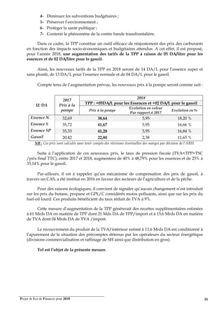 Projet de Loi de Finances pour 2018. 55
4- Diminuer les subventions budgétaires ;
5- Préserver l’environnement ;
6- Protéger la santé publique ;
7- Contenir le phénomène de la contre bande transfrontalière.
Dans ce cadre, la TPP constitue un outil efficace de réajustement des prix des carburants
en fonction des impacts socio-économiques et budgétaires attendus. A cet effet, il est proposé,
pour l’année 2018, une augmentation des tarifs de la TPP à raison de 05 DA/litre pour les
essences et de 02 DA/litre pour le gasoil.
Ainsi, les nouveaux tarifs de la TPP en 2018 seront de 14 DA/L pour l’essence super et
sans plomb, de 13 DA/L pour l’essence normale et de 04 DA/L pour le gasoil.
Compte tenu de l’augmentation prévue, les nouveaux prix à la pompe seront comme suit :
NB : Ces prix sont calculés sans tenir compte des révisions éventuelles des marges par décision de l’ARH.
Suite à l’application de ces nouveaux prix, le taux de pression fiscale (TVA+TPP+TSC
/prix final TTC), entre 2017 et 2018, augmentera de 40% à 48,79% pour les essences et de 25% à
33,14% pour le gasoil.
Par-ailleurs, il est à rappeler qu’un mécanisme de compensation des prix de gasoil, à
travers un CAS, a été institué en 2016 en faveur des secteurs de l’agriculture et de la pêche.
Pour des raisons écologiques, il convient de signaler qu’aucun changement n’est introduit
sur les prix du butane, propane et GPL/C considérés moins polluants, ainsi que sur les prix du
fuel-oil lourd. Ces produits bénéficient du taux réduit de TVA à 9%.
Cette mesure d’augmentation de la TPP générerait des recettes supplémentaires estimées
à 61 Mrds DA en matière de TPP dont 21 Mds DA de TPP/import et à 15,6 Mrds DA en matière
de TVA dont 04 Mrds DA de TVA /import.
Le recouvrement du produit de la TVA/intérieur estimé à 11,6 Mrds DA est conditionné à
l’apurement de la situation des précomptes détenus par les opérateurs du secteur énergétique
(divisions commercialisation et raffinage de SH ainsi que distribution en gros).
Tel est l’objet de la présente mesure.
U: DA
2017
Prix à la
pompe
2018
TPP : +05DA/L pour les Essences et +02 DA/L pour le gasoil
Prix à la pompe
Evolution en valeur
Par rapport à 2017
Evolution en %
Essence N 32,69 38,64 5,95 18,20 %
Essence S 35,72 41,67 5,95 16,66 %
Essence SP 35,33 41,28 5,95 16,84 %
Gasoil 20,42 22,80 2,38 11,65 %
 
