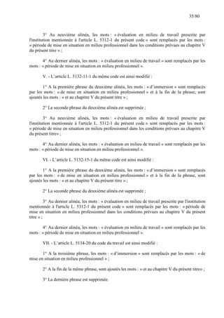 35/80

3° Au neuvième alinéa, les mots : « évaluation en milieu de travail prescrite par
l'institution mentionnée à l'article L. 5312-1 du présent code » sont remplacés par les mots :
« période de mise en situation en milieu professionnel dans les conditions prévues au chapitre V
du présent titre » ;
4° Au dernier alinéa, les mots : « évaluation en milieu de travail » sont remplacés par les
mots : « période de mise en situation en milieu professionnel ».
V. - L’article L. 5132-11-1 du même code est ainsi modifié :
1° A la première phrase du deuxième alinéa, les mots : « d’immersion » sont remplacés
par les mots : « de mise en situation en milieu professionnel » et à la fin de la phrase, sont
ajoutés les mots : « et au chapitre V du présent titre » ;
2° La seconde phrase du deuxième alinéa est supprimée ;
3° Au neuvième alinéa, les mots : « évaluation en milieu de travail prescrite par
l'institution mentionnée à l'article L. 5312-1 du présent code » sont remplacés par les mots :
« période de mise en situation en milieu professionnel dans les conditions prévues au chapitre V
du présent titre» ;
4° Au dernier alinéa, les mots : « évaluation en milieu de travail » sont remplacés par les
mots : « période de mise en situation en milieu professionnel ».
VI. - L’article L. 5132-15-1 du même code est ainsi modifié :
1° A la première phrase du deuxième alinéa, les mots : « d’immersion » sont remplacés
par les mots : « de mise en situation en milieu professionnel » et à la fin de la phrase, sont
ajoutés les mots : « et au chapitre V du présent titre » ;
2° La seconde phrase du deuxième alinéa est supprimée ;
3° Au dernier alinéa, les mots : « évaluation en milieu de travail prescrite par l'institution
mentionnée à l'article L. 5312-1 du présent code » sont remplacés par les mots : « période de
mise en situation en milieu professionnel dans les conditions prévues au chapitre V du présent
titre » ;
4° Au dernier alinéa, les mots : « évaluation en milieu de travail » sont remplacés par les
mots : « période de mise en situation en milieu professionnel ».
VII. - L’article L. 5134-20 du code du travail est ainsi modifié :
1° A la troisième phrase, les mots : « d’immersion » sont remplacés par les mots : « de
mise en situation en milieu professionnel » ;
2° A la fin de la même phrase, sont ajoutés les mots : « et au chapitre V du présent titre» ;
3° La dernière phrase est supprimée.

 
