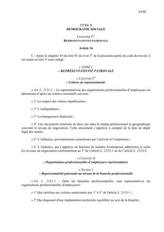54/80

TITRE II
DEMOCRATIE SOCIALE
CHAPITRE IER
REPRESENTATIVITE PATRONALE
Article 16
I. - Après le chapitre VI du titre IV du livre Ier de la deuxième partie du code du travail, il
est inséré un titre V ainsi rédigé :
« TITRE V
« REPRÉSENTATIVITÉ PATRONALE
« CHAPITRE IER
« Critères de représentativité
« Art. L. 2151-1. - La représentativité des organisations professionnelles d’employeurs est
déterminée d’après les critères cumulatifs suivants :
« 1° Le respect des valeurs républicaines ;
« 2° L’indépendance ;
« 3° La transparence financière ;
« 4° Une ancienneté minimale de deux ans dans le champ professionnel et géographique
couvrant le niveau de négociation. Cette ancienneté s’apprécie à compter de la date de dépôt
légal des statuts ;
« 5° L’influence, prioritairement caractérisée par l’activité et l’expérience ;
« 6° L’audience, qui s’apprécie en fonction du nombre d’entreprises adhérentes et selon
les niveaux de négociation conformément au 3° de l’article L. 2152-1 ou de l’article L. 2152-2.
« CHAPITRE II
« Organisations professionnelles d’employeurs représentatives
« Section 1
« Représentativité patronale au niveau de la branche professionnelle
« Art. L. 2152-1. - Dans les branches professionnelles, sont représentatives les
organisations professionnelles d'employeurs :
« 1° Qui satisfont aux critères mentionnés aux 1° à 5° de l'article L. 2151-1 ;
« 2° Qui disposent d'une implantation territoriale équilibrée au sein de la branche ;

 