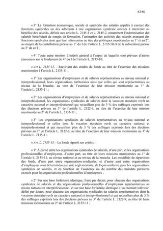 63/80

« 3° La formation économique, sociale et syndicale des salariés appelés à exercer des
fonctions syndicales ou des adhérents à une organisation syndicale amenés à intervenir au
bénéfice des salariés, définie aux articles L. 2145-1 et L. 2145-2, notamment l'indemnisation des
salariés bénéficiant de congés de formation, l’animation des activités des salariés exerçant des
fonctions syndicales ainsi que leur information au titre des politiques mentionnées au 1° et au 2°,
au moyen de la contribution prévue au 1° du I de l’article L. 2135-10 et de la subvention prévue
au 3° de ce I ;
« 4° Toute autre mission d’intérêt général à l’appui de laquelle sont prévues d’autres
ressources sur le fondement du 4° du I de l’article L. 2135-10.
« Art L. 2135-12. - Reçoivent des crédits du fonds au titre de l’exercice des missions
mentionnées à l’article L. 2135-11 :
« 1° Les organisations d’employeurs et de salariés représentatives au niveau national et
interprofessionnel, leurs organisations territoriales ainsi que celles qui sont représentatives au
niveau de la branche, au titre de l’exercice de leur mission mentionnée au 1° de
l’article L. 2135-11 ;
« 2° Les organisations d’employeurs et de salariés représentatives au niveau national et
interprofessionnel, les organisations syndicales de salariés dont la vocation statutaire revêt un
caractère national et interprofessionnel qui recueillent plus de 3 % des suffrages exprimés lors
des élections prévues au 3° de l’article L. 2122-9, au titre de l’exercice de leur mission
mentionnée au 2° de l’article L. 2135-11 ;
« 3° Les organisations syndicales de salariés représentatives au niveau national et
interprofessionnel et celles dont la vocation statutaire revêt un caractère national et
interprofessionnel et qui recueillent plus de 3 % des suffrages exprimés lors des élections
prévues au 3° de l’article L. 2122-9, au titre de l’exercice de leur mission mentionnée au 3° de
l’article L. 2135-11.
« Art. L. 2135-13. - Le fonds répartit ses crédits :
« 1° A parité entre les organisations syndicales de salariés, d’une part, et les organisations
professionnelles d’employeurs, d’autre part, au titre de leurs missions mentionnées au 1° de
l’article L. 2135-11, au niveau national et au niveau de la branche. Les modalités de répartition
des fonds, d’une part entre organisations syndicales, et d’autre part entre organisations
d’employeurs sont déterminées par voie règlementaire, de façon uniforme pour les organisations
syndicales de salariés, et en fonction de l’audience ou du nombre des mandats paritaires
exercés pour les organisations professionnelles d’employeurs ;
« 2° Sur une base forfaitaire identique, fixée par décret, pour chacune des organisations
syndicales de salariés et des organisations professionnelles d’employeurs représentatives au
niveau national et interprofessionnel, et sur une base forfaitaire identique d’un montant inférieur,
défini par décret, pour chacune des organisations syndicales de salariés représentatives dont la
vocation statutaire revêt un caractère national et interprofessionnel et qui recueillent plus de 3 %
des suffrages exprimés lors des élections prévues au 3° de l’article L. 2122-9, au titre de leurs
missions mentionnées au 2° de l’article L. 2135-11 ;

 