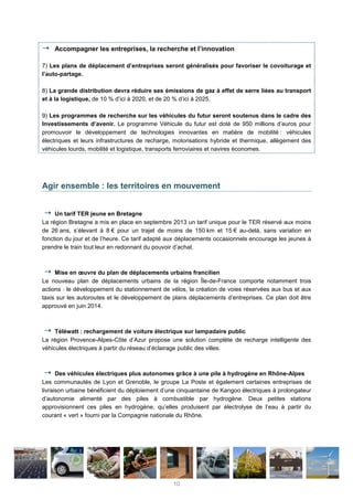 Accompagner les entreprises, la recherche et l’innovation
7) Les plans de déplacement d’entreprises seront généralisés pour favoriser le covoiturage et
l’auto-partage.
8) La grande distribution devra réduire ses émissions de gaz à effet de serre liées au transport
et à la logistique, de 10 % d’ici à 2020, et de 20 % d’ici à 2025.
9) Les programmes de recherche sur les véhicules du futur seront soutenus dans le cadre des
Investissements d’avenir. Le programme Véhicule du futur est doté de 950 millions d’euros pour
promouvoir le développement de technologies innovantes en matière de mobilité : véhicules
électriques et leurs infrastructures de recharge, motorisations hybride et thermique, allègement des
véhicules lourds, mobilité et logistique, transports ferroviaires et navires économes.
Agir ensemble : les territoires en mouvement
Un tarif TER jeune en Bretagne
La région Bretagne a mis en place en septembre 2013 un tarif unique pour le TER réservé aux moins
de 26 ans, s’élevant à 8 € pour un trajet de moins de 150 km et 15 € au-delà, sans variation en
fonction du jour et de l’heure. Ce tarif adapté aux déplacements occasionnels encourage les jeunes à
prendre le train tout leur en redonnant du pouvoir d’achat.
Mise en œuvre du plan de déplacements urbains francilien
Le nouveau plan de déplacements urbains de la région Île-de-France comporte notamment trois
actions : le développement du stationnement de vélos, la création de voies réservées aux bus et aux
taxis sur les autoroutes et le développement de plans déplacements d’entreprises. Ce plan doit être
approuvé en juin 2014.
Téléwatt : rechargement de voiture électrique sur lampadaire public
La région Provence-Alpes-Côte d’Azur propose une solution complète de recharge intelligente des
véhicules électriques à partir du réseau d’éclairage public des villes.
Des véhicules électriques plus autonomes grâce à une pile à hydrogène en Rhône-Alpes
Les communautés de Lyon et Grenoble, le groupe La Poste et également certaines entreprises de
livraison urbaine bénéficient du déploiement d’une cinquantaine de Kangoo électriques à prolongateur
d’autonomie alimenté par des piles à combustible par hydrogène. Deux petites stations
approvisionnent ces piles en hydrogène, qu’elles produisent par électrolyse de l’eau à partir du
courant « vert » fourni par la Compagnie nationale du Rhône.
10
 