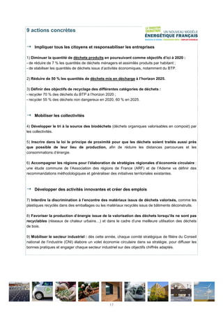 9 actions concrètes
Impliquer tous les citoyens et responsabiliser les entreprises
1) Diminuer la quantité de déchets produits en poursuivant comme objectifs d’ici à 2020 :
- de réduire de 7 % les quantités de déchets ménagers et assimilés produits par habitant ;
- de stabiliser les quantités de déchets issus d’activités économiques, notamment du BTP.
2) Réduire de 50 % les quantités de déchets mis en décharge à l’horizon 2025.
3) Définir des objectifs de recyclage des différentes catégories de déchets :
- recycler 70 % des déchets du BTP à l’horizon 2020 ;
- recycler 55 % des déchets non dangereux en 2020, 60 % en 2025.
Mobiliser les collectivités
4) Développer le tri à la source des biodéchets (déchets organiques valorisables en compost) par
les collectivités.
5) Inscrire dans la loi le principe de proximité pour que les déchets soient traités aussi près
que possible de leur lieu de production, afin de réduire les distances parcourues et les
consommations d’énergie.
6) Accompagner les régions pour l’élaboration de stratégies régionales d’économie circulaire :
une étude commune de l’Association des régions de France (ARF) et de l’Ademe va définir des
recommandations méthodologiques et généraliser des initiatives territoriales existantes.
Développer des activités innovantes et créer des emplois
7) Interdire la discrimination à l’encontre des matériaux issus de déchets valorisés, comme les
plastiques recyclés dans des emballages ou les matériaux recyclés issus de bâtiments déconstruits.
8) Favoriser la production d’énergie issue de la valorisation des déchets lorsqu’ils ne sont pas
recyclables (réseaux de chaleur urbains…) et dans le cadre d’une meilleure utilisation des déchets
de bois.
9) Mobiliser le secteur industriel : dès cette année, chaque comité stratégique de filière du Conseil
national de l’industrie (CNI) élabore un volet économie circulaire dans sa stratégie, pour diffuser les
bonnes pratiques et engager chaque secteur industriel sur des objectifs chiffrés adaptés.
17
 