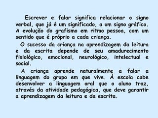 Escrever e falar significa relacionar o signo verbal, que já é um significado, a um signo gráfico. A evolução do grafismo em ritmo pessoa, com um sentido que é próprio a cada criança.     O sucesso da criança na aprendizagem da leitura e da escrita depende de seu amadurecimento fisiológico, emocional, neurológico, intelectual e social.     A criança aprende naturalmente a falar a linguagem do grupo em que vive. À escola cabe desenvolver a linguagem oral que o aluno traz, através da atividade pedagógica, que deve garantir a aprendizagem da leitura e da escrita.