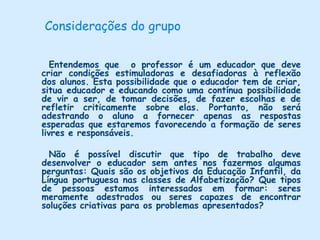 Expressão Sonora e CorporalAlfabetizaçãoO corpo e as atividades sensoriais são consideradas como a fonte do desenvolvimento da inteligência e mais vitais e importantes do que qualquer habilidade acadêmica específica, ou qualquer modalidade de treinamento, para as crianças desta faixa etária.        A expressão corporal corresponde a todos os movimentos gestuais e de postura que fazem com que a comunicação seja mais efetiva. Ela é utilizada para auxiliar na comunicação verbal, porém, deve-se tomar cuidado, por muitas vezes, a boca diz uma coisa, mas o corpo fala outra completamente diferente. A leitura corporal e uma ferramenta de comunicação poderosa, equivalente ao poder da palavra.         Trabalhar com músicas para desenvolver a audição, o ritmo, para capacitar a competência estética das crianças, para que elas possam progressivamente apreciar, desfrutar e valorizar as diversas canções. Através das canções também trabalha-se atividades lúdicas e artísticas que desenvolvem a memória. Propor a construção de instrumentos e uma apresentação da criança para toda turma, visando promover autoconfiança e respeito pela expressão do outro. O ritmo dá a criança noção de duração e sucessão, no que diz respeito a percepção a sons no tempo. A falta de ritmo pode causar leitura lenta e silábica, com pontuação e entonação inadequada.         Na escrita, a falta de ritmo contribui para a criança escrever duas ou mais palavras juntas, adicione ou omita letras ou sílabas. Brinquedos e rodas cantadas estimulam e desenvolvem a expressão rítmica.  