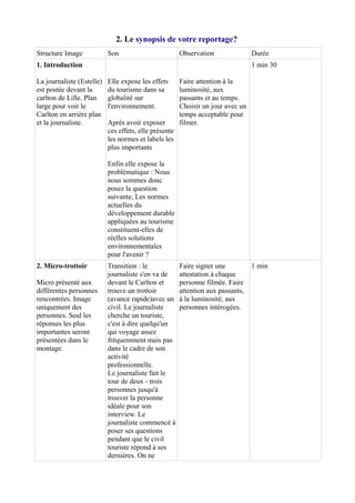 2. Le synopsis de votre reportage? 
Structure Image Son Observation Durée 
1. Introduction 
La journaliste (Estelle) 
est postée devant la 
carlton de Lille. Plan 
large pour voir le 
Carlton en arrière plan 
et la journaliste. 
Elle expose les effets 
du tourisme dans sa 
globalité sur 
l'environnement. 
Après avoir exposer 
ces effets, elle présente 
les normes et labels les 
plus importants 
Enfin elle expose la 
problématique : Nous 
nous sommes donc 
posez la question 
suivante, Les normes 
actuelles du 
développement durable 
appliquées au tourisme 
constituent-elles de 
réelles solutions 
environnementales 
pour l'avenir ? 
Faire attention à la 
luminosité, aux 
passants et au temps. 
Choisir un jour avec un 
temps acceptable pour 
filmer. 
1 min 30 
2. Micro-trottoir 
Micro présenté aux 
différentes personnes 
rencontrées. Image 
uniquement des 
personnes. Seul les 
réponses les plus 
importantes seront 
présentées dans le 
montage. 
Transition : le 
journaliste s'en va de 
devant le Carlton et 
trouve un trottoir 
(avance rapide)avec un 
civil. Le journaliste 
cherche un touriste, 
c'est à dire quelqu'un 
qui voyage assez 
fréquemment mais pas 
dans le cadre de son 
activité 
professionnelle. 
Le journaliste fait le 
tour de deux - trois 
personnes jusqu'à 
trouver la personne 
idéale pour son 
interview. Le 
journaliste commencé à 
poser ses questions 
pendant que le civil 
touriste répond à ses 
dernières. On ne 
Faire signer une 
attestation à chaque 
personne filmée. Faire 
attention aux passants, 
à la luminosité, aux 
personnes intérogées. 
1 min 
 