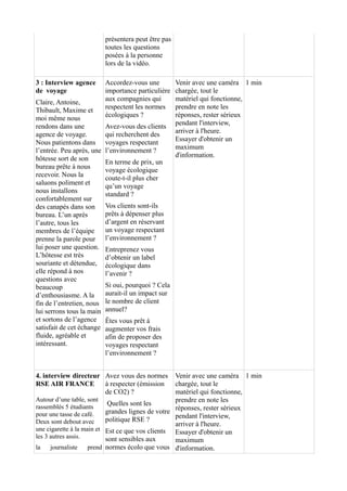 présentera peut être pas 
toutes les questions 
posées à la personne 
lors de la vidéo. 
3 : Interview agence 
de voyage 
Claire, Antoine, 
Thibault, Maxime et 
moi même nous 
rendons dans une 
agence de voyage. 
Nous patientons dans 
l’entrée. Peu après, une 
hôtesse sort de son 
bureau prête à nous 
recevoir. Nous la 
saluons poliment et 
nous installons 
confortablement sur 
des canapés dans son 
bureau. L’un après 
l’autre, tous les 
membres de l’équipe 
prenne la parole pour 
lui poser une question. 
L’hôtesse est très 
souriante et détendue, 
elle répond à nos 
questions avec 
beaucoup 
d’enthousiasme. A la 
fin de l’entretien, nous 
lui serrons tous la main 
et sortons de l’agence 
satisfait de cet échange 
fluide, agréable et 
intéressant. 
Accordez-vous une 
importance particulière 
aux compagnies qui 
respectent les normes 
écologiques ? 
Avez-vous des clients 
qui recherchent des 
voyages respectant 
l’environnement ? 
En terme de prix, un 
voyage écologique 
coute-t-il plus cher 
qu’un voyage 
standard ? 
Vos clients sont-ils 
prêts à dépenser plus 
d’argent en réservant 
un voyage respectant 
l’environnement ? 
Entreprenez vous 
d’obtenir un label 
écologique dans 
l’avenir ? 
Si oui, pourquoi ? Cela 
aurait-il un impact sur 
le nombre de client 
annuel? 
Êtes vous prêt à 
augmenter vos frais 
afin de proposer des 
voyages respectant 
l’environnement ? 
Venir avec une caméra 
chargée, tout le 
matériel qui fonctionne, 
prendre en note les 
réponses, rester sérieux 
pendant l'interview, 
arriver à l'heure. 
Essayer d'obtenir un 
maximum 
d'information. 
1 min 
4. interview directeur 
RSE AIR FRANCE 
Autour d’une table, sont 
rassemblés 5 étudiants 
pour une tasse de café. 
Deux sont debout avec 
une cigarette à la main et 
les 3 autres assis. 
la journaliste prend 
Avez vous des normes 
à respecter (émission 
de CO2) ? 
Quelles sont les 
grandes lignes de votre 
politique RSE ? 
Est ce que vos clients 
sont sensibles aux 
normes écolo que vous 
Venir avec une caméra 
chargée, tout le 
matériel qui fonctionne, 
prendre en note les 
réponses, rester sérieux 
pendant l'interview, 
arriver à l'heure. 
Essayer d'obtenir un 
maximum 
d'information. 
1 min 
 